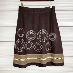 TALBOTS Vintage A-Line Chocolate Brown Linen Embroidered Knee Length Skirt US 8